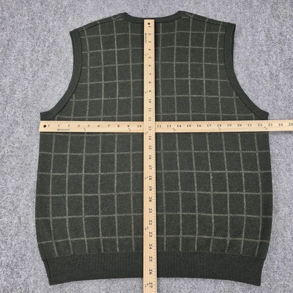 Brooks Brothers Sweater Vest Mens Large Green Windowpane Merino Wool Knit VTG HK